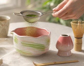 Pastel Pink and Green Ceramic Matcha Set Wavy Edge Chawan Bowl with Spout Pottery Tea Whisk Holder Cute Matcha Lover Gift Set