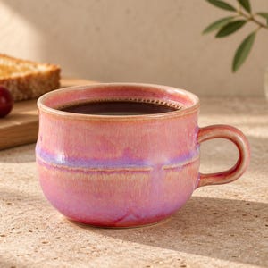 Może przedstawiać: Ceramiczny kubek o zaokrąglonym kształcie z błyszczącym szkliwem w mieszanych odcieniach różu, magenty i delikatnego fioletu. Kubek posiada solidne ucho z boku i zawiera ciemny płyn, prezentując gładkie, reaktywne wykończenie z subtelnymi zmianami barw.
