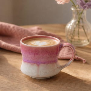 May include: A ceramic mug with a reactive glaze featuring a gradient of deep pink at the top transitioning to a creamy white base. The mug contains a latte with a heart-shaped foam design. The handle is curved and matches the pink and white glaze.