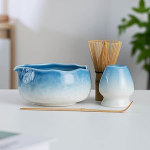 Handmade Ombre Matcha Set, Sky Blue Ceramic Chawan Bowl, Japanese Tea Ceremony Kit, Wabi-Sabi Ocean Glaze Pottery, Unique Coastal Gift