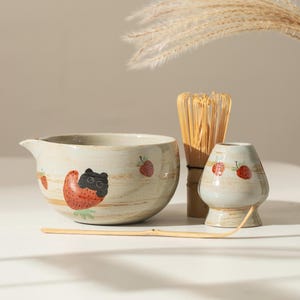 手描きのかわいいイチゴ黒猫抹茶ギフトセット4個セットエレガントな抹茶泡立て器セット抹茶茶道セット