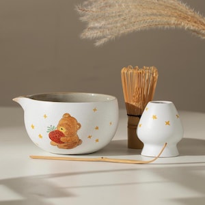 手描きのかわいいイチゴクマの陶器製抹茶キットギフトアイデア抹茶碗4個セット茶道セット