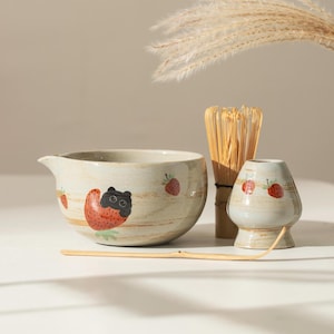 Hand Painted Cute Strawberry Black Cat Matcha Gift Set of 4 Elegant Matcha Whisk Set Matcha Tea Ceremony Set