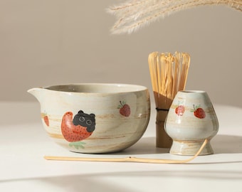 Hand Painted Cute Strawberry Black Cat Matcha Gift Set of 4 Elegant Matcha Whisk Set Matcha Tea Ceremony Set