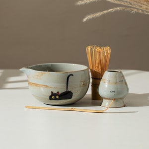 Hand Painted Cute Black Cat Matcha Bowl Set of 4 with Fish Chasen Holder Matcha Kit Gift Set