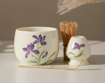 Hand Painted Flower-de-luce Matcha Kit Set of 4 Matcha Gift Set Gift for Her