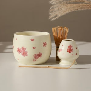 Hand Painted Sakura Matcha Bowl Ceramic Matcha Kit Whisk Gift for Her Gift Set