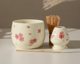 Bol de matcha Sakura pintado a mano, kit de matcha de cerámica, batidor, regalo para ella, set de regalo