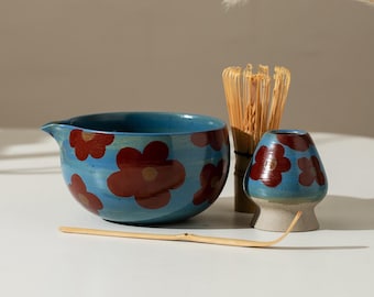 Hand Painted Red Camellia Matcha Set with Spout Gift Ideas Matcha Ceremony Set