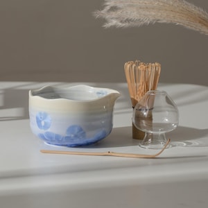 Handmade Natural Blue Flower Glazing Matcha Kit Handcrafted Matcha Bowl Set Matcha Gift Set Gift Ideas