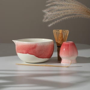 Pink Wave Glaze Matcha Bowl Set of 4 Ceramic Matcha Bowl with Chasen Holder Gift Set Gift for Her