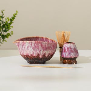 Pink Kiln-Change Flow Glaze Matcha Kit with Chasen Holder Matcha Gift Set Matcha Bowl Gift for Her