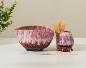 Rosa Kiln-Change Flow Glaze Matcha Kit med Chasen-hållare Matcha presentset Matcha-skål present till henne