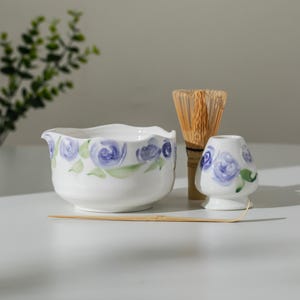 Hand Painted Relief Blue Purple Rose Matcha Bowl Set Gift for Her Flower Matcha Kit Gift Idea
