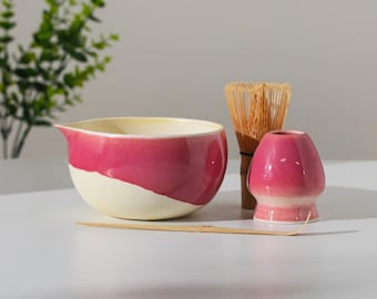 Pink Wave Glaze Matcha Bowl Set of 4 Ceramic Matcha Bowl with Chasen Holder Gift Set Gift for Her