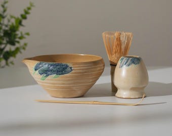 Handmade Cerulean Stroke Style Matcha Bowl with Chasen Holder Matcha Kit Pottery Matcha Gift for Her Japanese Matcha Tea Set