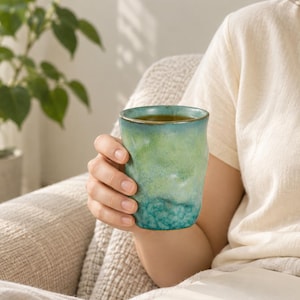Könnte beinhalten: Ein Keramikbecher mit strukturierter, organischer Form und einem Farbverlauf, der von einem hellen, blassen Grün am oberen Rand zu einem tiefen, lebendigen Blaugrün an der Basis übergeht, mit glattem Rand und leicht unregelmäßiger Optik.