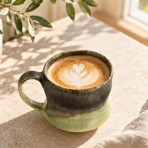 May include: A ceramic mug with a rounded shape and a handle, featuring a two-tone glaze with a dark charcoal top section and a light sage green bottom section. The mug is filled with a coffee beverage topped with a white heart-shaped latte art design.