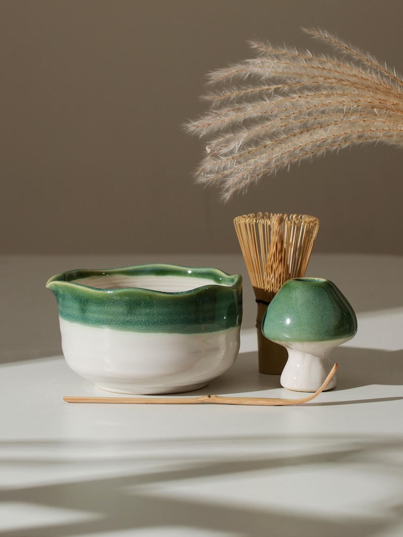 Handmade Natural Green Matcha Bowl Set of 4 Bamboo Whisk and Chasen Holder Matcha Gift Set Gift Ideas