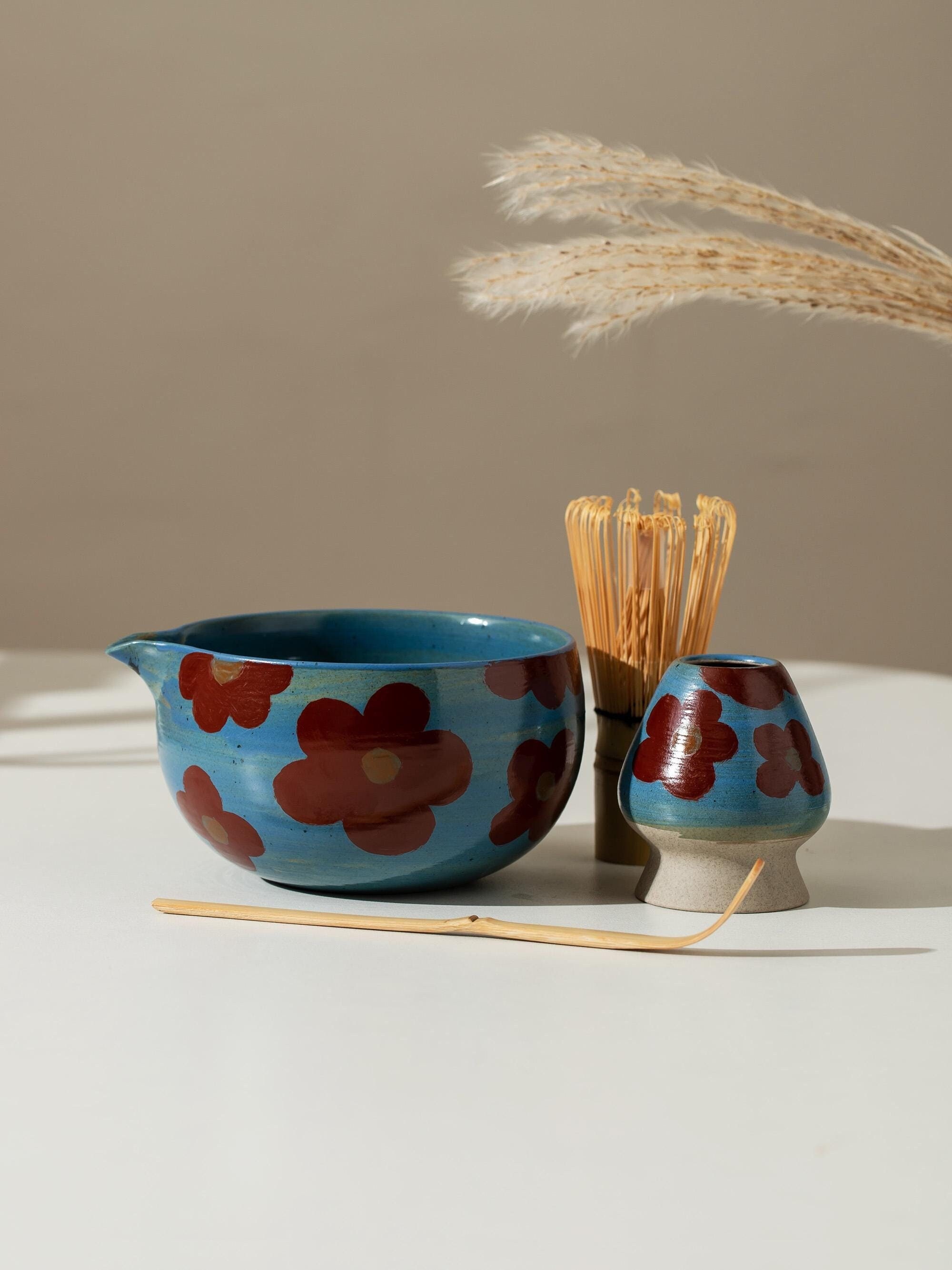 Hand Painted Red Camellia Matcha Set with Spout Gift Ideas Matcha Ceremony Set