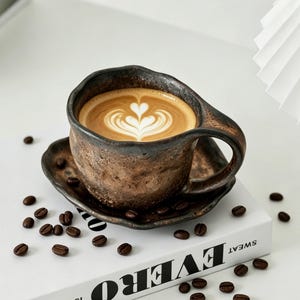 Puede incluir: Un juego de taza y platillo de café de cerámica artesanal con un acabado marrón oscuro texturizado. La taza contiene un café con leche con un diseño en forma de corazón. Los granos de café están esparcidos alrededor de la taza y el platillo.