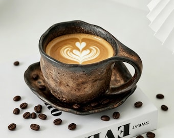 Handmade Rustic Ceramic Coffee Cup with Saucer Plated Pottery Mug Gift for Coffee & Tea Lovers