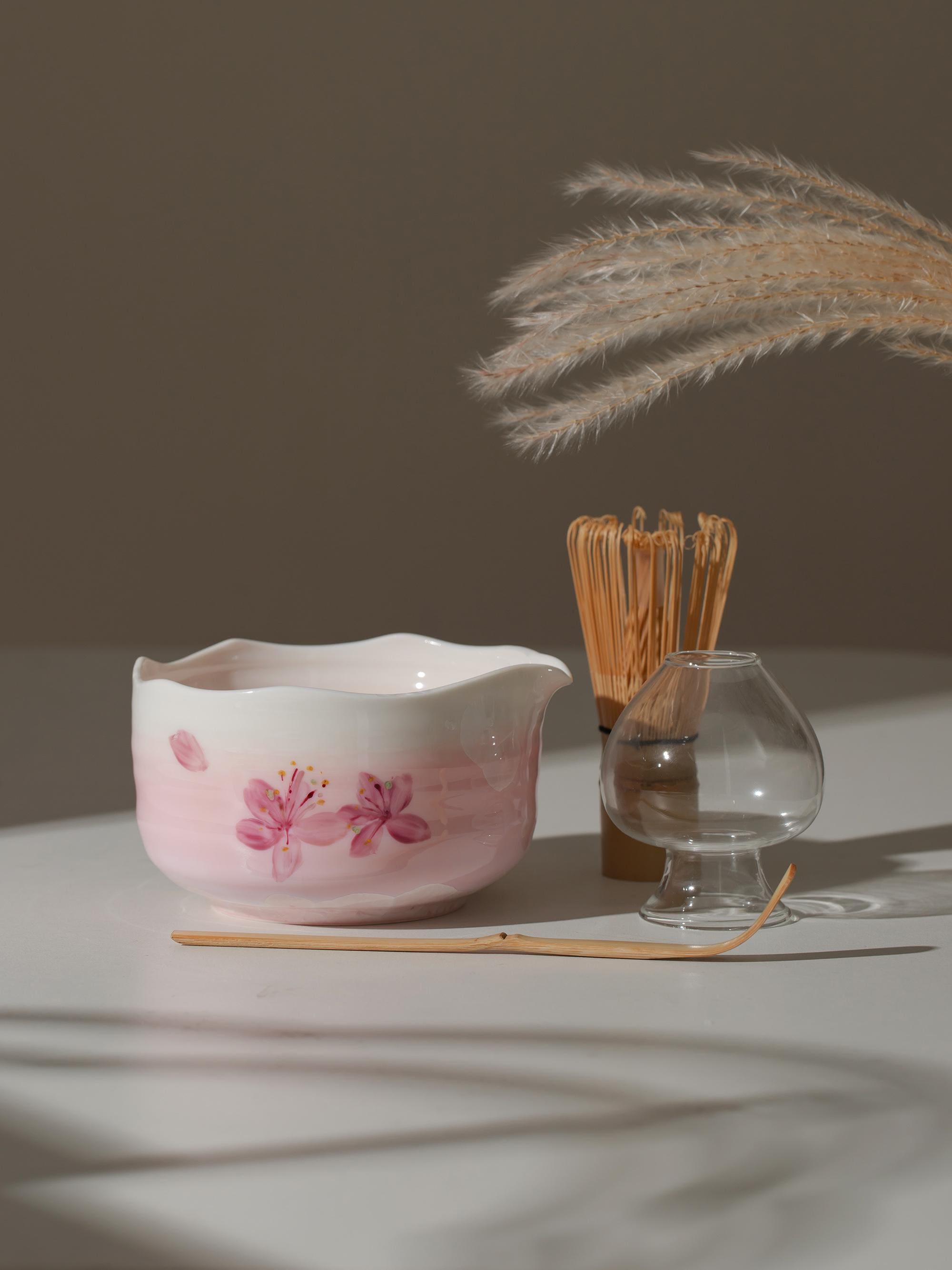 Set Ciotole Matcha BambooMN - Include Ciotola, Riposo, Frusta, Chasaku E Cucchiaino, Colore Rosa, Per Cerimonia Tè