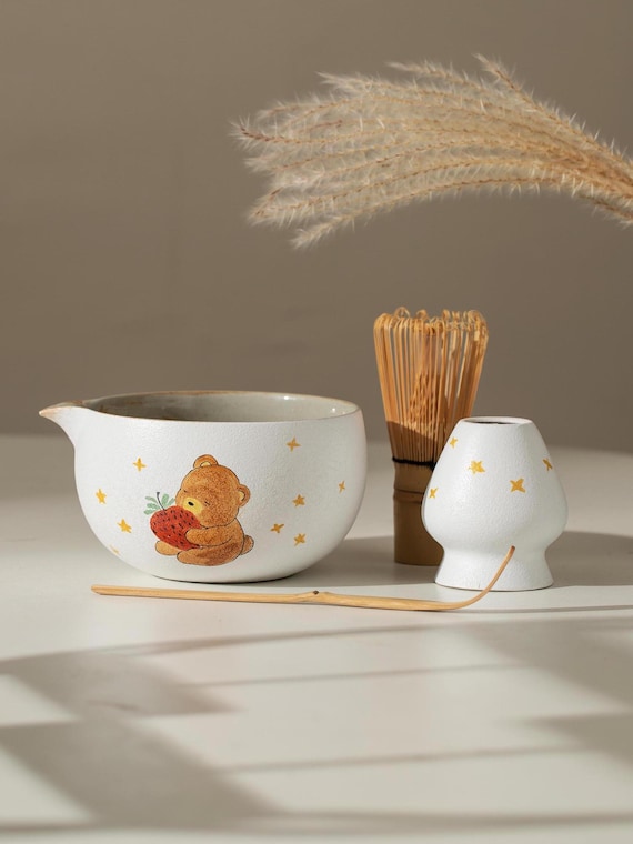 Hand Painted Cute Strawberry Bear Ceramic Matcha Kit Gift Ideas Matcha Bowl Set of 4 Tea Ceremony Set