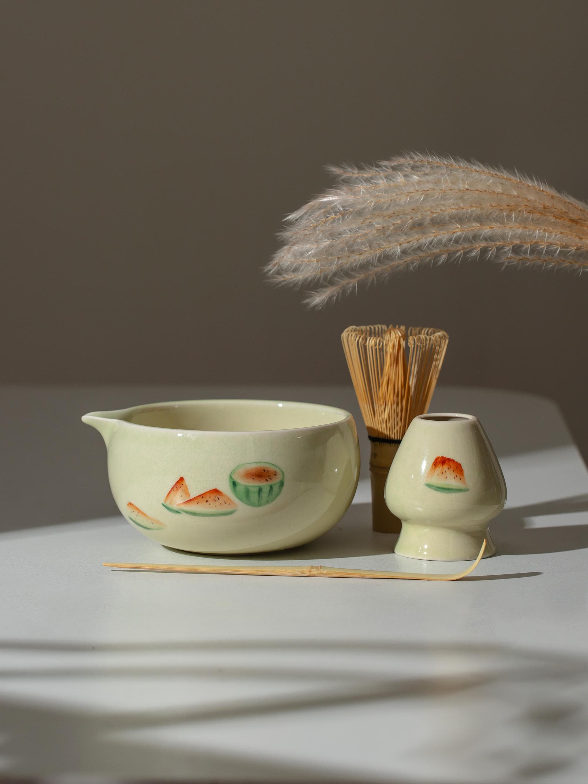 Hand Painted Watermelon Cute Matcha Kit Summer Matcha Bowl with Chasen Holder Spouted Bowl Set of 4 Personalized Gift Set