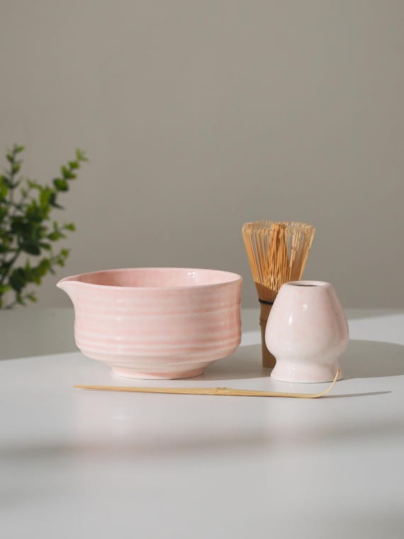 Sakura Dust Matcha Bowl with Chasen Holder Pink Matcha Kit Gift for Her Matcha Gift Set