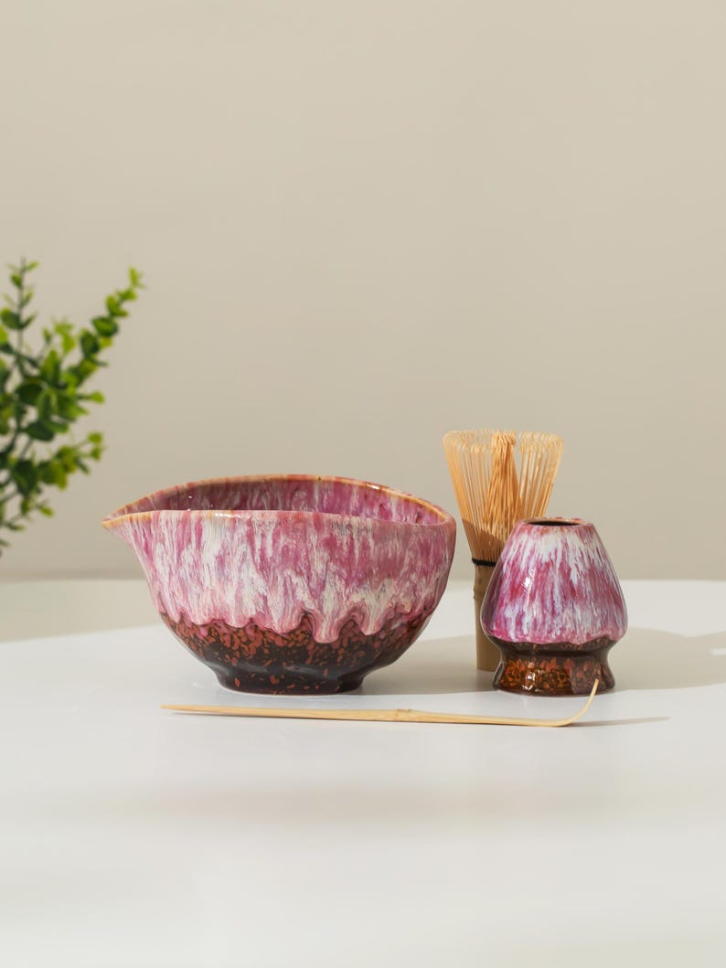 Pink Kiln-Change Flow Glaze Matcha Kit with Chasen Holder Matcha Gift Set Matcha Bowl Gift for Her