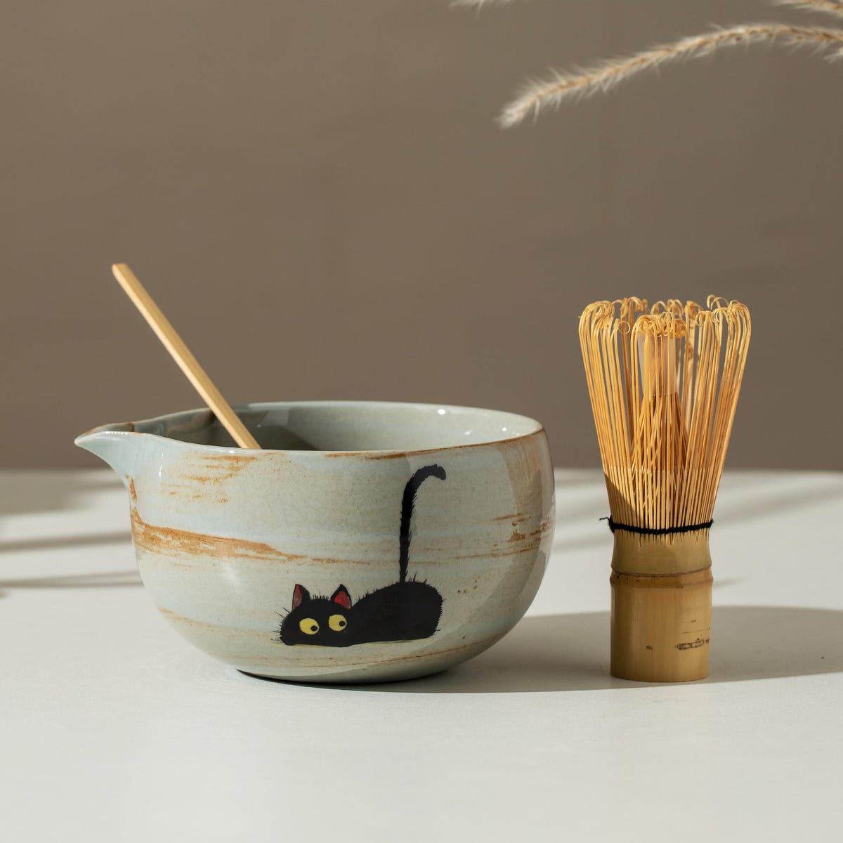 Hand Painted Cute Black Cat Matcha Bowl Set of 4 With Fish Chasen Holder Matcha Kit Gift Set - Etsy