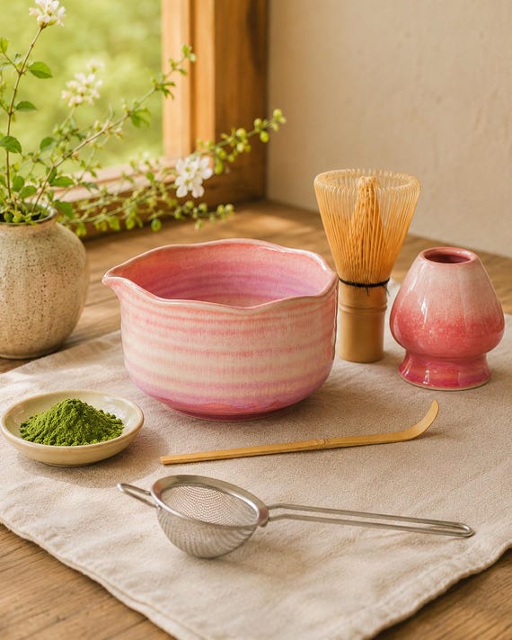 Natural Lavender Fog Matcha Bowl with Chasen Holder Matcha Gift Set Matcha Tea Gift Japanese Matcha Set of 4