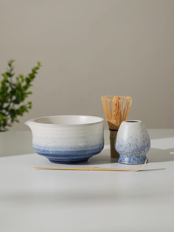 Handmade Ceramic Glacial Sea Matcha Bowl with Chashen Holder, Blue Matcha Gift Set of 4 Gift Ideas