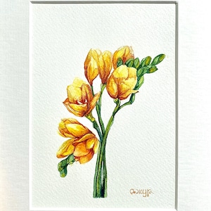 Gelbe Freesie, Original Aquarell Malerei, Karte