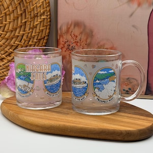 Vintage Niagara Falls Souvenir Glass Mug Set of 2 Frosted Coffee Cups Gold Trim Maid of the Mist Prospect Point Canadian Travel Memorabilia