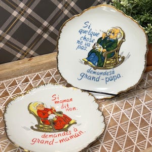 Vintage Decorative Plates Wall Hanging • French • Funny Grandpa and Grandma Decorative Gift Plate Set