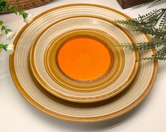 Conjunto de 8 pratos vintage Mikasa Nature’s Song C1058, cor laranja, para 4 pessoas, estilo meados do século XX, fabricados no Japão.