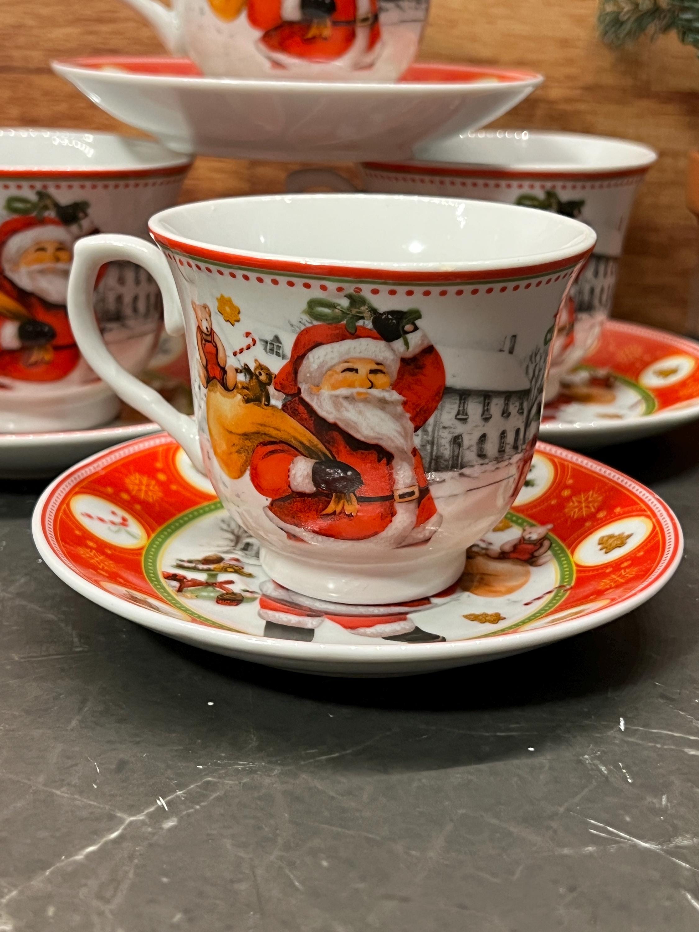 Weihnachtliches Kaffeeservice für 4 Personen – Tassen und Untertassen „Sweet Christmas“ mit Weihnachtsmann und festlicher Dekoration