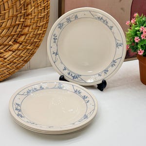 Peut inclure: Un ensemble d'assiettes en céramique de couleur crème ornées d'un délicat motif de vigne florale bleue sur le bord. Le design comprend de petites fleurs blanches et de fines tiges bleues entourant le bord de chaque assiette ronde.