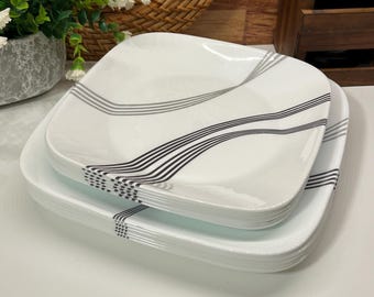 Corelle Urban Arc Square Dining Set – 12 pieces for 6 people – White with black lines – Made in the USA