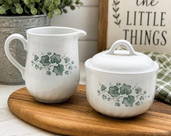 Vintage Corelle Coordinates Callaway Creamer & Sugar Bowl Set with Lid, Green Ivy Stoneware, Corning Kitchen Decor