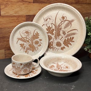 May include: A beige ceramic dinnerware set with a speckled finish and a brown floral design. The set includes a large plate, a smaller plate, a bowl, a cup, and a saucer. The floral design features poppies and wheat.