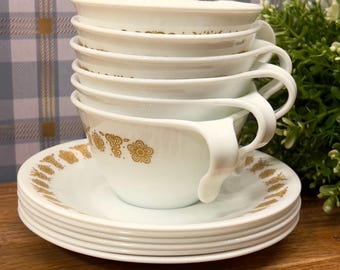 Corelle Butterfly Gold Crochet Cups and Saucers • Vintage Corelle 1970 • Tea Sets