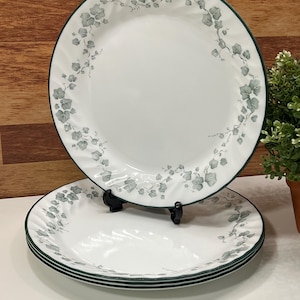 Puede incluir: Platos blancos con un patrón de vid floral verde alrededor del borde. Los platos tienen un borde verde y están apilados. Se muestran sobre una superficie blanca con un fondo de madera.