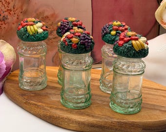Vintage Set of 5 Green Glass Spice Jars with Resin Fruit Lids – Farmhouse Kitchen Decor – Cottagecore Storage Canisters