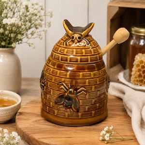 Vintage-Honigtopf aus Keramik mit Honiglöffel | Bienenkorb-Design | Rustikale Küchendekoration