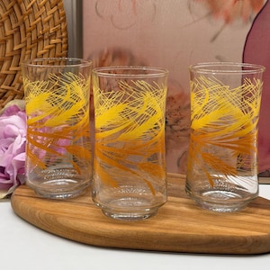 Vintage Libbey Wheat Glasses Set of 3 10oz, Yellow Wheat Pattern Tumblers, 1970s Retro Drinking Glasses, Mid Century Kitchen Decor