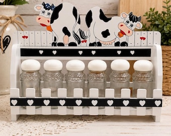 Vintage Black & White Spice Rack with 6 Glass Jars – Cow Country Kitchen Wall Shelf – Unused in Original Box