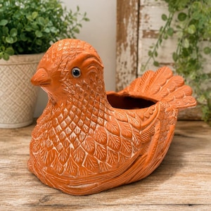 May include: A terracotta-colored bird-shaped planter. The bird has detailed feather and wing patterns, with a small opening on its back for planting. The planter is sitting on a wooden surface.
